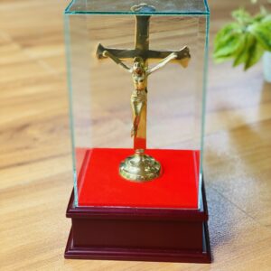 ✝️ Brass Jesus & Cross Statue in Glass Display Box 'පිත්තල ජේසුස් වහන්සේගේ ප්‍රතිමාව'✝️