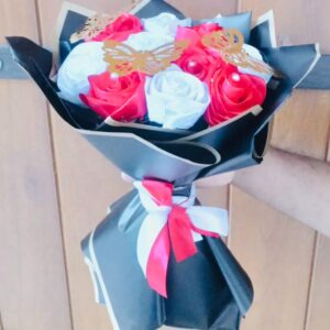 Ribbon Flower Bouquet – Red & White (10 Flowers with 1 Butterfly) 🌹🦋 (GZ002)