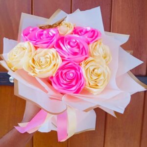 Ribbon Flower Bouquet – Pink & Beige (10 Flowers with 1 Butterfly) – Code: GZ020 🌸🤍🦋