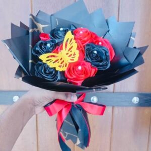 Ribbon Flower Bouquet – Red & Black (10 Flowers with 1 Butterfly) – Code: GZ022 ❤️🖤🦋