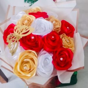 Ribbon Flower Bouquet – Beige / White / Red (15 Flowers with 1 Butterfly) – Code: GZ023 🤍❤️🤎🦋