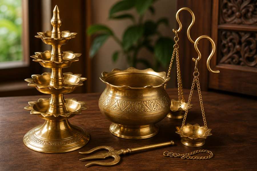 Assorted Sri Lankan brass gift items oil lamps punkalasa and ceremonial brass crafts