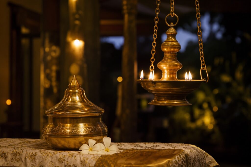 Brass oil lamp and punkalasa for cultural event hosting gifts in Sri Lanka