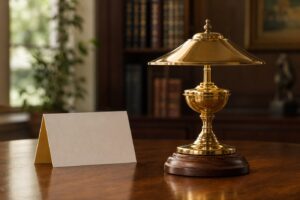 Polished brass oil lamp presented as a donor appreciation thank-you gift