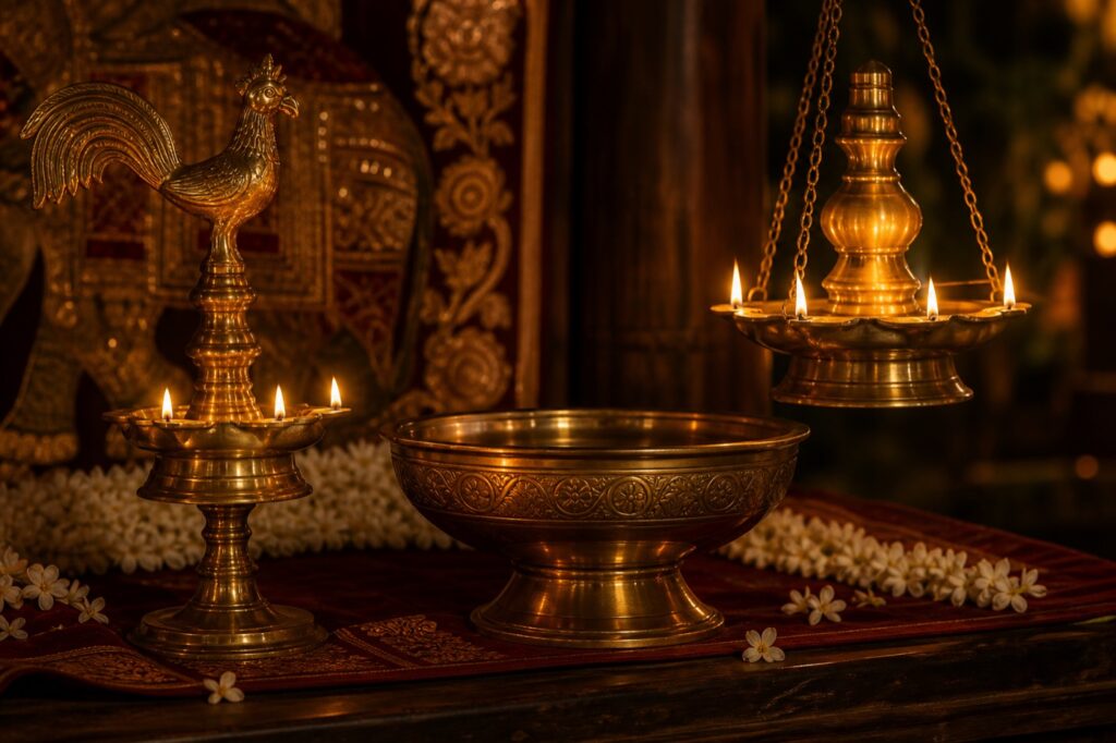 Traditional Sri Lankan brass oil lamps and punkalasa for Esala Poya and Kandy Perahera gifting