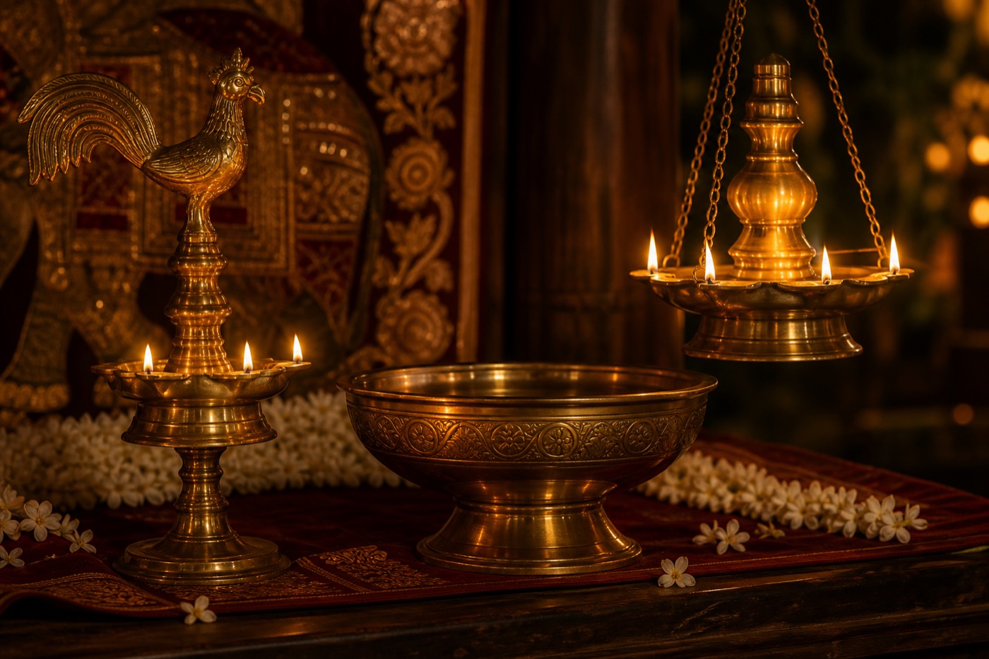 Traditional Sri Lankan brass oil lamps and punkalasa for Esala Poya and Kandy Perahera gifting