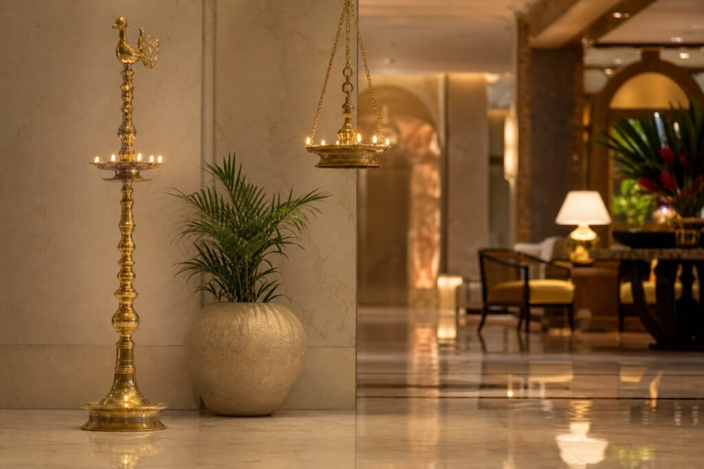Brass oil lamps as luxury hotel lobby décor in Sri Lanka