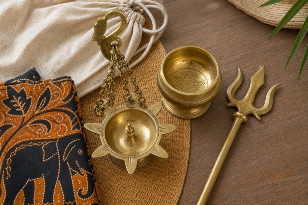Brass souvenirs packed for Kandy Esala Perahera travellers including oil lamp punkalasa and trishula