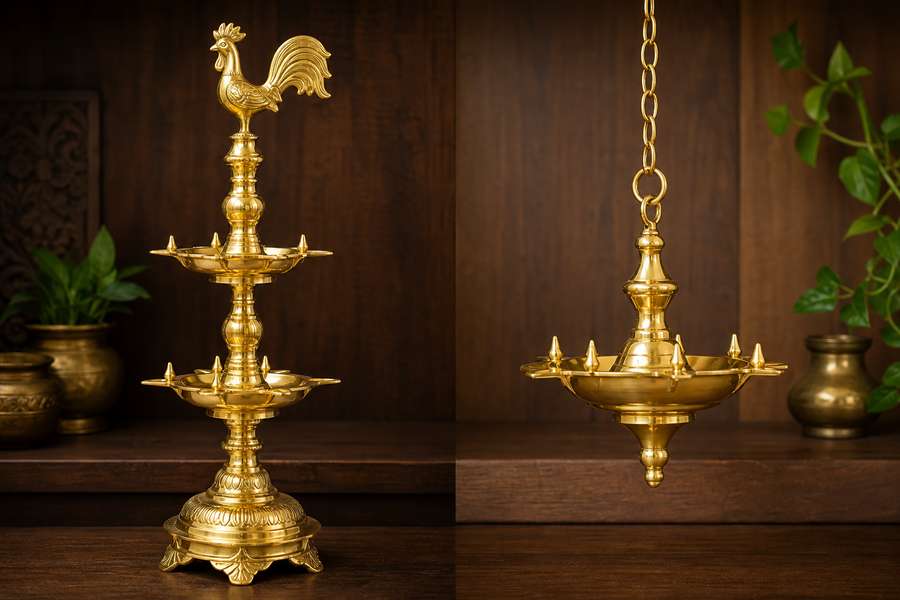 Comparison of hanging brass oil lamp පහන් තිර and traditional kukula pahana oil lamp