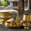 Brass pooja paththara vessels and oil lamp for religious ceremonial gifts