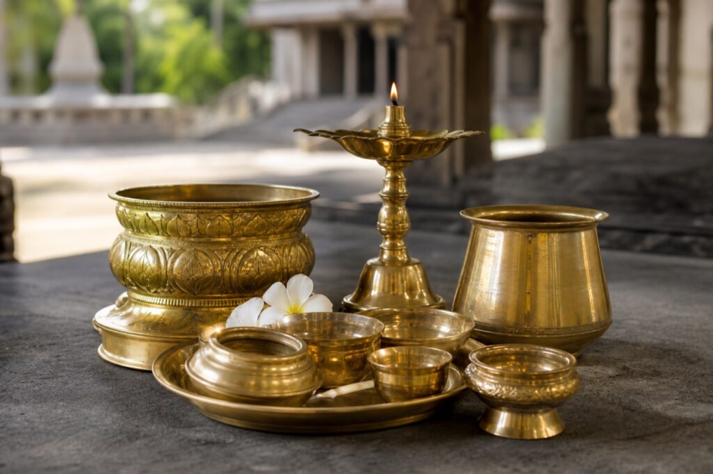 Brass pooja paththara vessels and oil lamp for religious ceremonial gifts